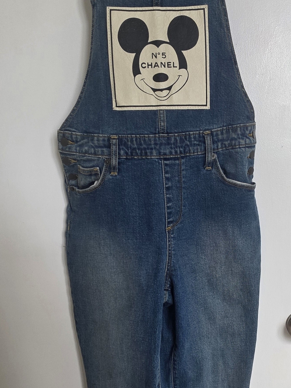 Denim Overalls with Chanel N°5 Mickey Patch in Blue